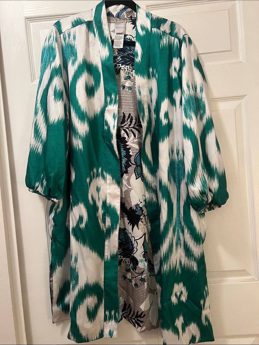 Chico's Green & White Open-Front Patterned Woman’s Kimono Jacket